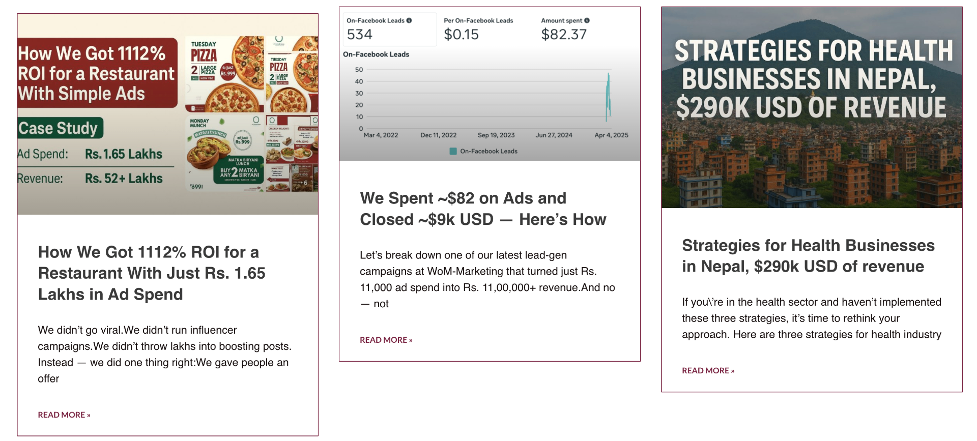 Historical restaurant and healthcare Meta Ads campaign summary cards